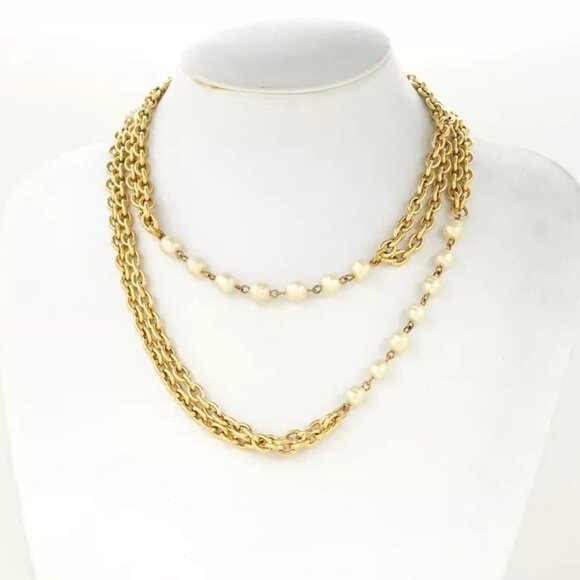 CHANEL Double Chain Pearl Long Necklace 37" Gold Tone Auth w/Box l1140 - Picture 1 of 16